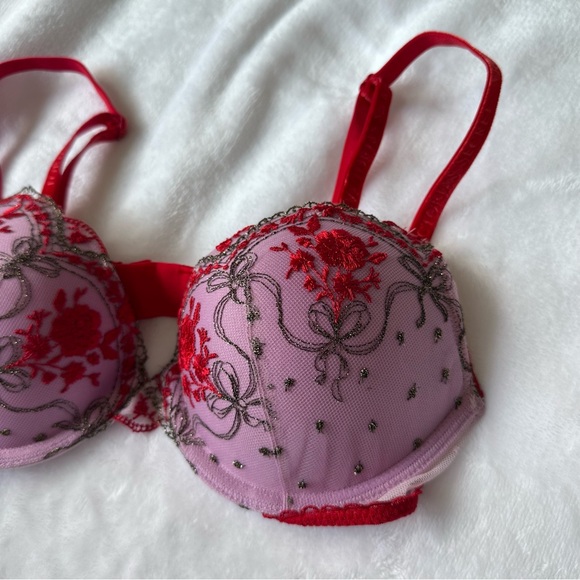 Victoria’s Secret • Very Sexy Lace Push-Up Bra • Pink & Red Mesh • Size 32B - Picture 3 of 13